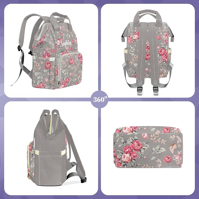 Custom Diaper Bag Backpack, Upgraded Large Capacity Baby Bag, Personalized Diaper Changing Backpack with Name, Multifuction Mommy Bag with Insulated Pockets, Baby Bag for Boys Girls, Floral