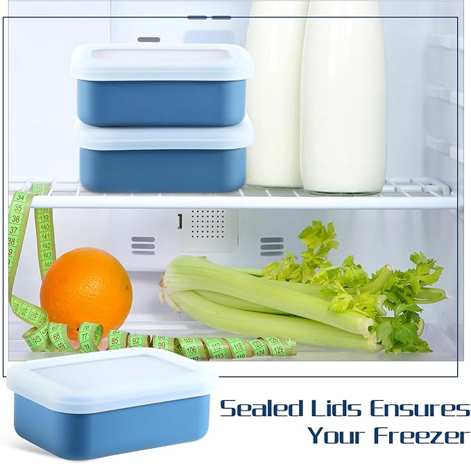 Lemecima 8 Pcs 1 Cup Silicone Freezer Trays with Lid - Rectangle Soup Freezer Containers - Reusable Food Preserving Tray - Freezing Ice Trays for Soups Sauces Stews (Sage Green, Dark Blue)