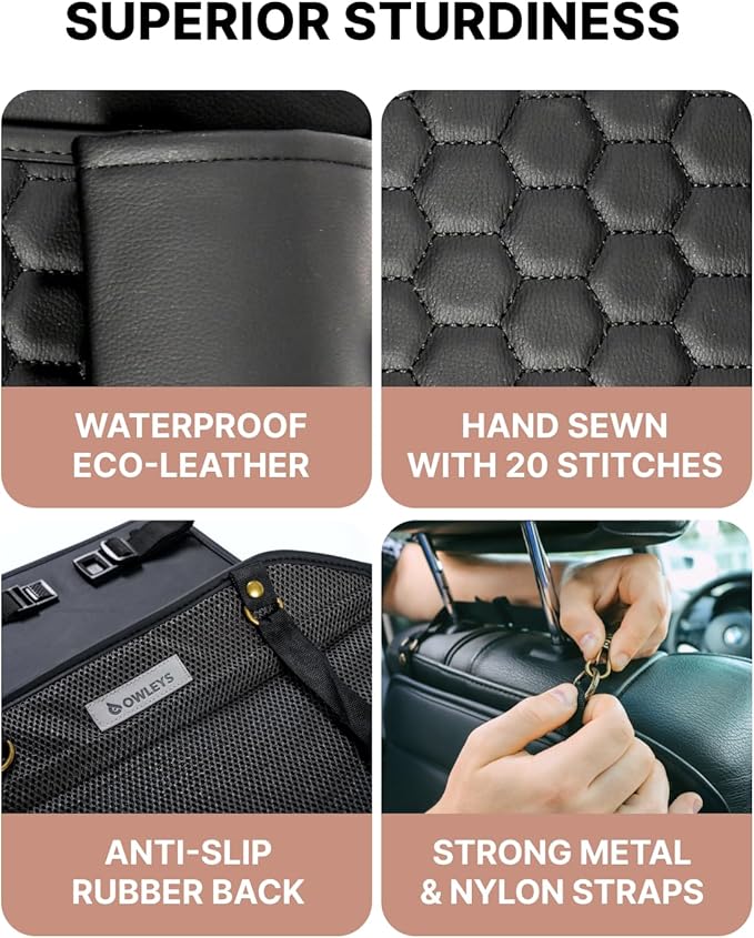 Owleys Back Seat Car Organizer for Kids, Front Passenger Caddy, Center Row Vehicle Storage with Pockets ??Premium Eco Leather, 8 Compartments, Black Travel Accessory for SUV, Truck, Sedan, Van, Jeep