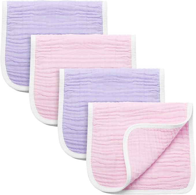 Synrroe Burp Cloths Large, Muslin Burp Cloths for Baby Girls, Pack of 4 Extra Absorbent and Soft Muslin, 6 Layers 20 by 10 Inches 100% Cotton (Pink-Purple 4 Pack)