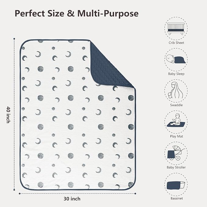 Susurration Baby Blanket for Unisex Boys Girls, 2 Pack Soft Fluffy Crib Blankets with Muslin Cotton Front and Dotted Fleece Back, Receiving Blanket for Baby Newborn Infant, 30x40in, Bluemoon&Navy Blue