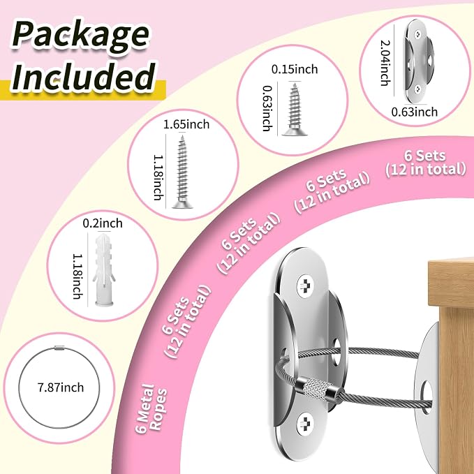 RORMGO Anti Tip Furniture Anchors (6 Packs) Furniture Anchors for Baby Proofing, Earthquake Straps for Furniture Dresser Wall Safety Anchor Furniture Safety Straps Wall Straps, Silver