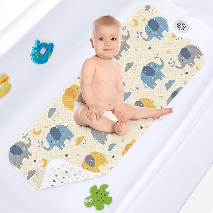 Elephant Cute Blue Bathtub Shower Mat Star Cloud Non-Slip Tub Extra Long Bath Floor 40X16 Inch Machine Washable for Bathroom Tub Bath Mat for Toddler and Baby