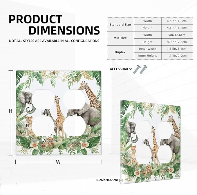 Tropical Leves Safari Animals Giraffe Elephant Zoo Outlet Covers 2 Gang Double Duplex Decorative Light Switch Covers Electrical Wallplates Socket Faceplate for Kids Room Nursery Decor
