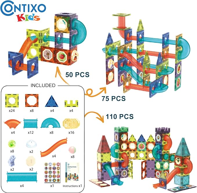 Contixo STEM Building Toys - 110 pcs Marble 3D Magnetic Run Tiles Learning Stacking Educational Building Blocks Set, Creativity Beyond Imagination, Inspirational, Recreational Toy for Kids