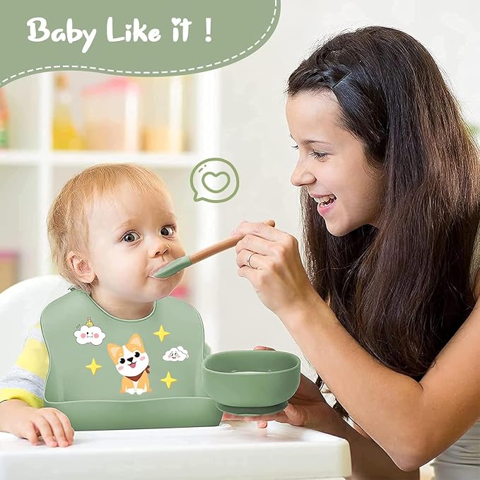 9PCS Silicone Feeding Set for Baby Led Weaning - Non Toxic Food Grade Suction Plates & Bowls, Soft Silicone Bibs with Pocket, Self Feeding Spoons & Utensils for 6-36 Months Infants Toddlers, Dishwashe