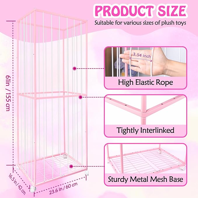 Stuffed Animal Storage, Metal Tube Extra Large Toy Storage Organizer with Brake Wheels, Stuffed Animal Holder Zoo Organizer for Nursery Playroom Kids Room Pink(61??x 23.6?�x 16.5??