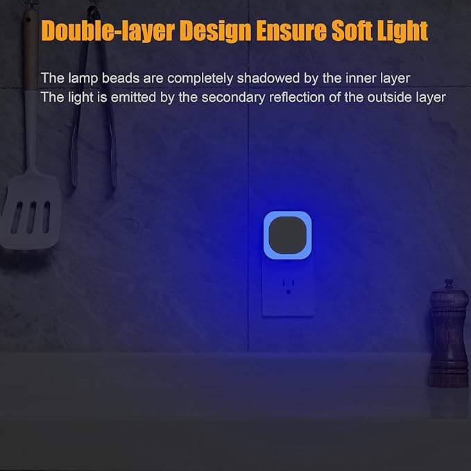 YUNLEX 4 Pack Plug in Blue Night Light, Dusk to Dawn Sensor, LED Nightlight for Mood Lighting, Glare-Free Reflected Light, Dimmable, Auto On/Off Light for Bathroom, Hallway, Gaming Room, Home Decor