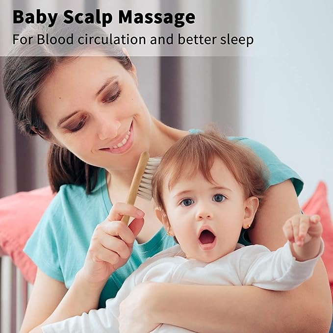 Goat Baby Hair Brush Set, Wooden Comb Massage Scalp Comb, Safe Natural Hair Care Kit, Soft Silicone Bath Brush for Newborns Toddlers (Brush Set+ Massager)