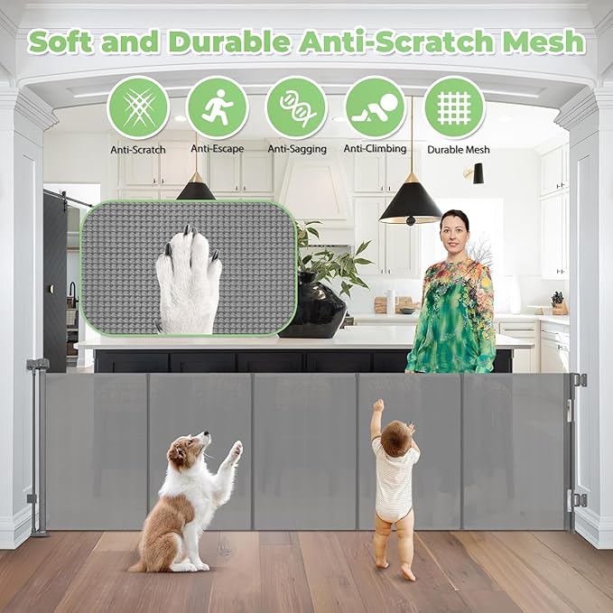 Reinforced 120" Extra Wide Retractable Baby Gate with Support Rods ??Prevent Crawling Under, 10 Foot Extra Long Dog Gate Large Baby Gate for Large Openings, Mesh Gate Retractable Pet Gate, Gray