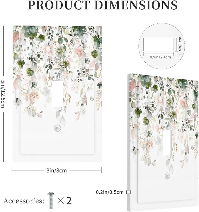 Green Pink Floral Flower Rustic Eucalyptus Leaves Wildflower Decorative Light Switch Cover 1 Gang Single Toggle Device Electrical Faceplate Switchplates Decorator Outlet Wall Plate for Bedroom Home