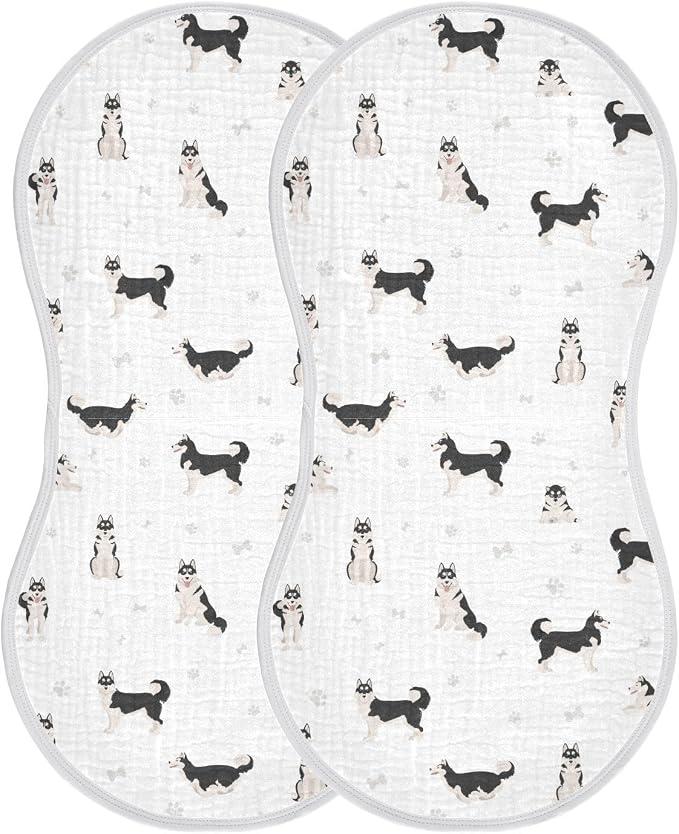 Muslin Burp Cloths for Baby Boys and Girls - 2-Pack Ultra Absorbent Siberian Husky Dog Muslin Washcloths, Newborn Towel, Milk Spit Up Rags, Burp Cloth Bibs for Unisex, 22 x 11 Inch
