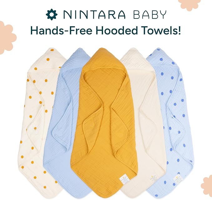 Hands-Free Hooded Towel Nintara Baby - 100% Organic Premium Muslin Cotton, 30" x 30", Ultra-Absorbent, Soft, Breathable, Hypoallergenic, Multipurpose, Gifts for Babies & Infants