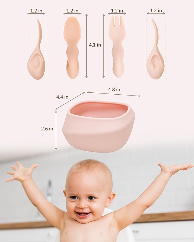 Toddler Utensils Set Ergonomic Fork and Spoon and Bowl Set Non-Slip Design for baby 1-4 Year Olds Self-Feeding BPA Free Silicone Microwave and Dishwasher Safe Fine Motor Skills (Pink)