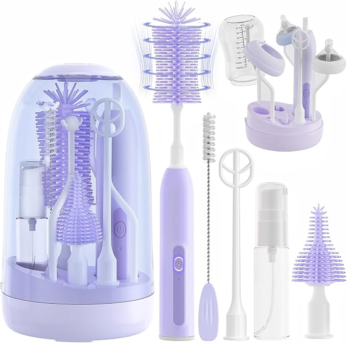 Electric Bottle Brush Cleaner,Electric Baby Bottle Brush Cleaner with Silicone Nipple&Straw Brush,Soap Dispenser,Drying Rack-Waterproof,Long Battery Life,Travel Bottle Cleaner Kit for Babies