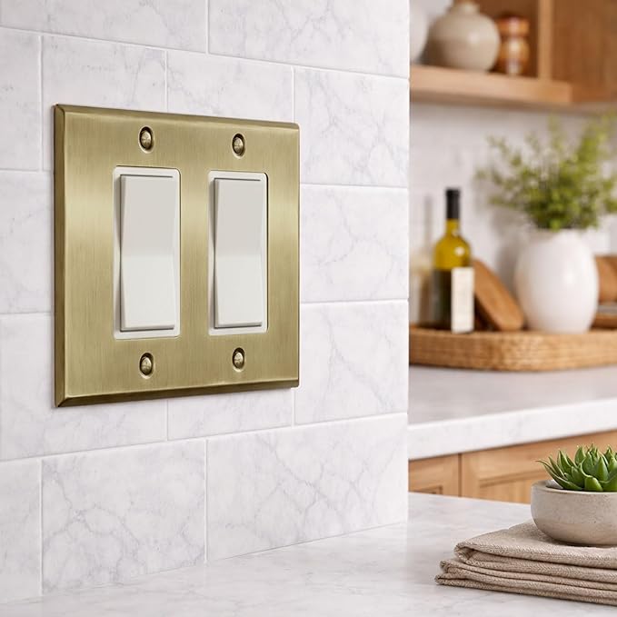 Rio Salto BRASS Vintage Brushed Brass Gold Metal 2 Gang Rocker Switch Plate Double Rocker Switch Plate Outlet Covers Light Switch Cover Decorative Wall Plates ??Signature Collection 4.50" X 4.56"