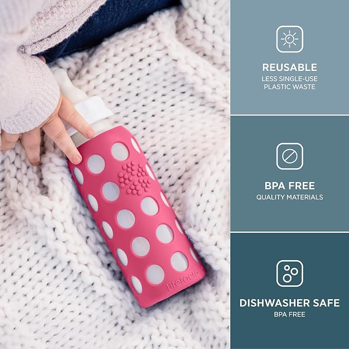 Lifefactory 9-Ounce Glass Baby Bottle with Stage 2 Nipple and Protective Silicone Sleeve Raspberry