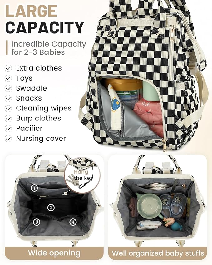 Corduroy Diaper Bag Backpack, Large Capacity Multifunction Baby Diaper Bags for Women, Insulated Bottle Pockets & Pacifier Case, Stylish Travel Nappy Changing Bags for Mom Dad (Checkered Black)