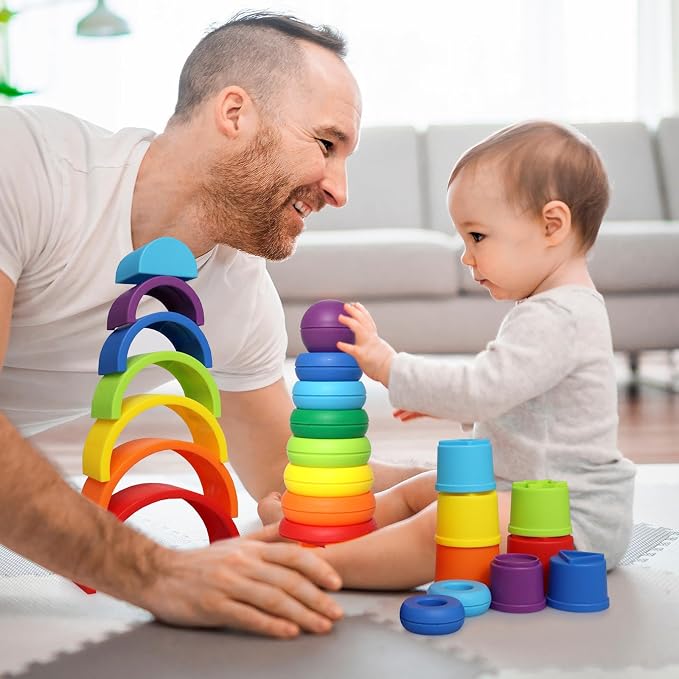Kiddie Play Stacking Toys for Toddlers | Set of 3 Baby Toys Stacking Cups Stacking Rings and Rainbow Stacker