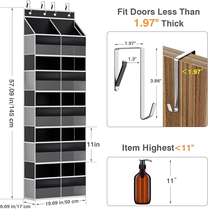 Over the Door Organizer 5 Tiers, Extra Large Behind Door Storage of 10 Big Front 10 Mesh Pockets, 80 lbs Door Organizer Hanging Heavy Duty Over the Door Storag for Closet Bedroom Nursery Pantry Black