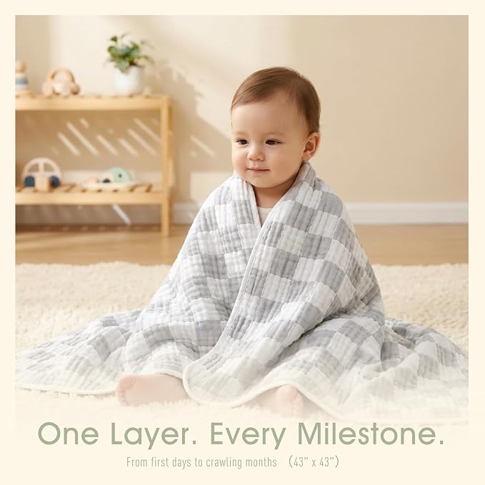 6-Layer Muslin Baby Blanket Made with Organic Cotton - Classic Neutral Checkered, Swaddle & Crib Quilt, 43”x43”,Grey Checkered
