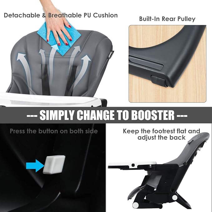 INFANS 4 in 1 High Chair–Booster Seat, Convertible Highchair w/Adjustable Height and Recline,Removable Tray,DetachableCushion, Installation-Free,Simple Fold for Baby, Infant& Toddler