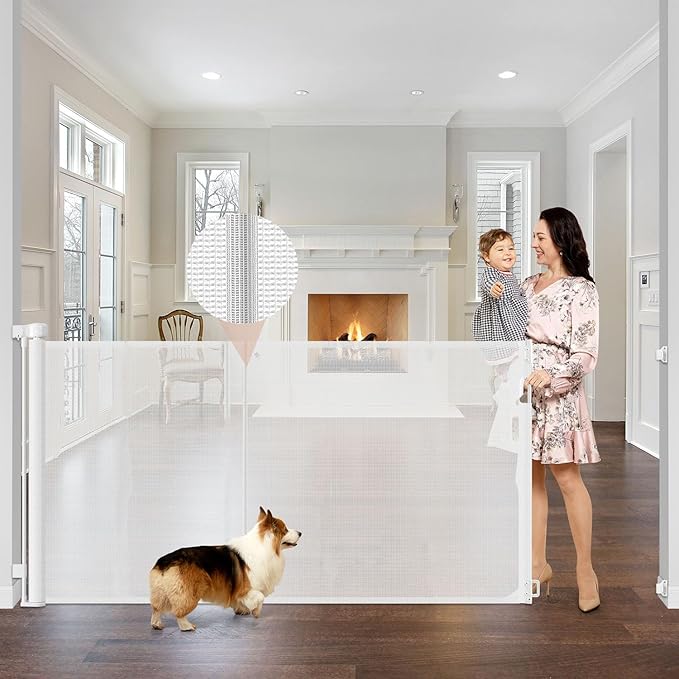 Reinforced 42" Extra Tall x 75" Wide Retractable Gate with Support Rods - Prevent Crawling Under Extra Tall Baby Gate Retractable Dog Gate Indoor Long Dog Gate Outdoor Retractable Pet Gate, White