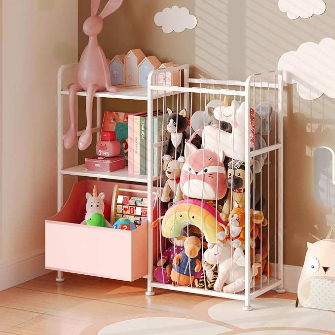 BBLIKE Kids Bookshelf and Toy Storage Organizer, Stuffed Animal Storage Holder with Fabric Toy Chest, 2-Tier Toddler Book Shelf for Kids Room, Playroom, Nursery, Pink