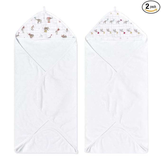 aden + anais Essentials Hooded Baby Bath Towel, Super Soft 100% Cotton, 2 Pack, Elephant Circus