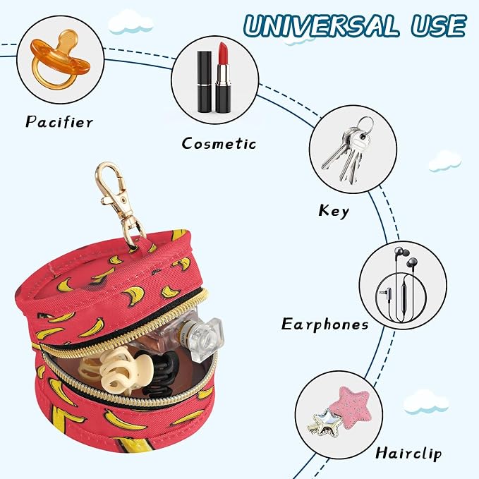 Pacifier Holder with Clip Pacifier Case for Diaper Bag Round Baby Pacifier Pouch Box Bag Portable Red Banana
