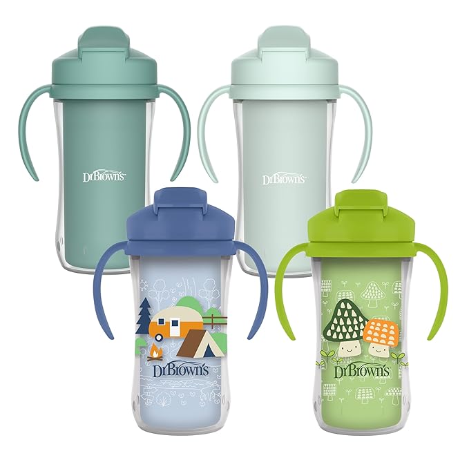 Dr. Brown's Milestones Insulated Sippy Cup with Straw and Handles, Spill-Proof Tumbler with Lid, 4-Pack, Green/Blue/Green/Green, 10 oz/300 mL, BPA Free, 12m+