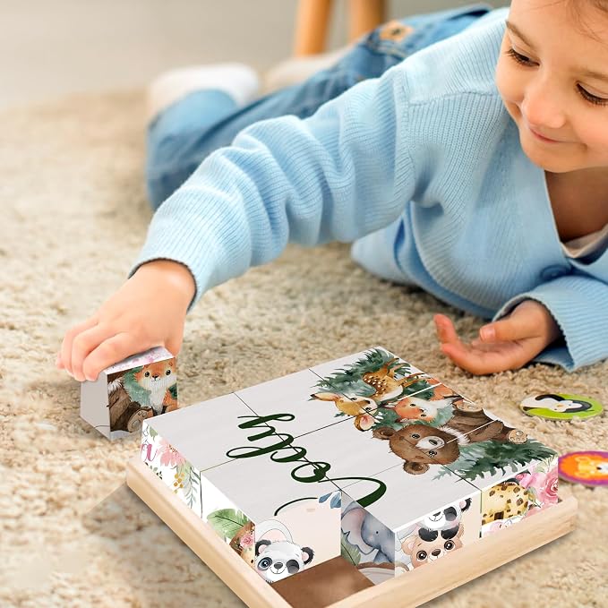 Custom Name Wooden Cube Puzzles for Kindergarten Boys Girls, 9 PCS Animals Puzzle with Storage Tray for 2-4 Years, Personalized 6 Puzzles in 1 Toy for Preschool Kids