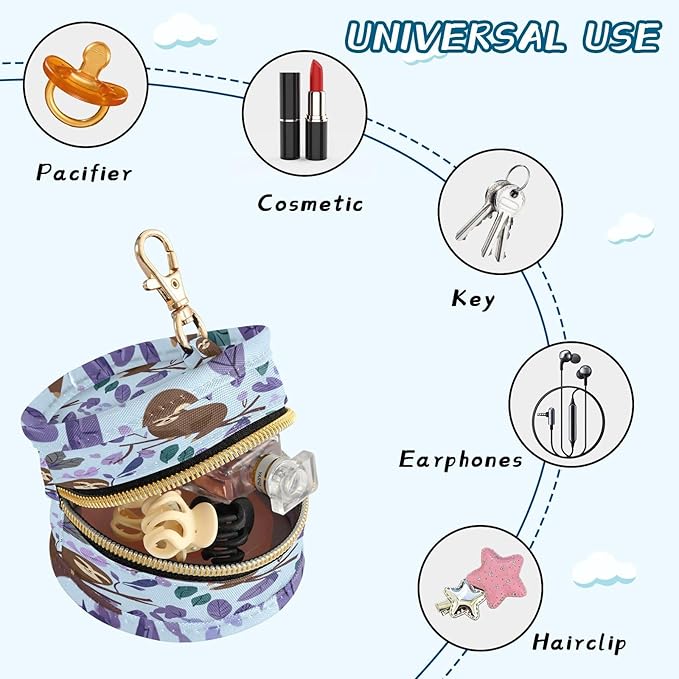 Pacifier Holder with Clip Pacifier Case for Diaper Bag Round Baby Pacifier Pouch Box Bag Portable Cartoon Sloths Branch Purple