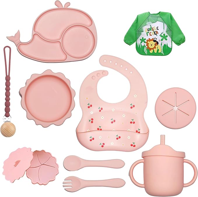 Silicone Baby Feeding Set 14 Pcs | Baby Led Weaning Supplies | Baby Spoons Suction Bowl Divided Plate Bib Cup | First Stage Solid Food Eating Utensils - 6+ Months (Pink)
