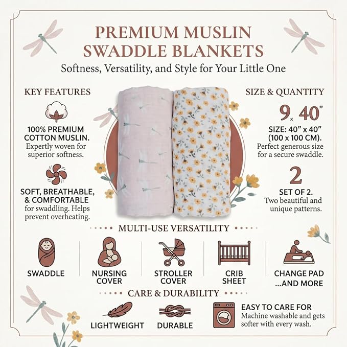 Lulujo Baby Swaddle Blankets | Unisex Softest Breathable Cotton Muslin Swaddle Blanket Set | Neutral Receiving Blanket for Girls & Boys | 40in x 40in | Vintage Floral & Dragonfly | 2-Count