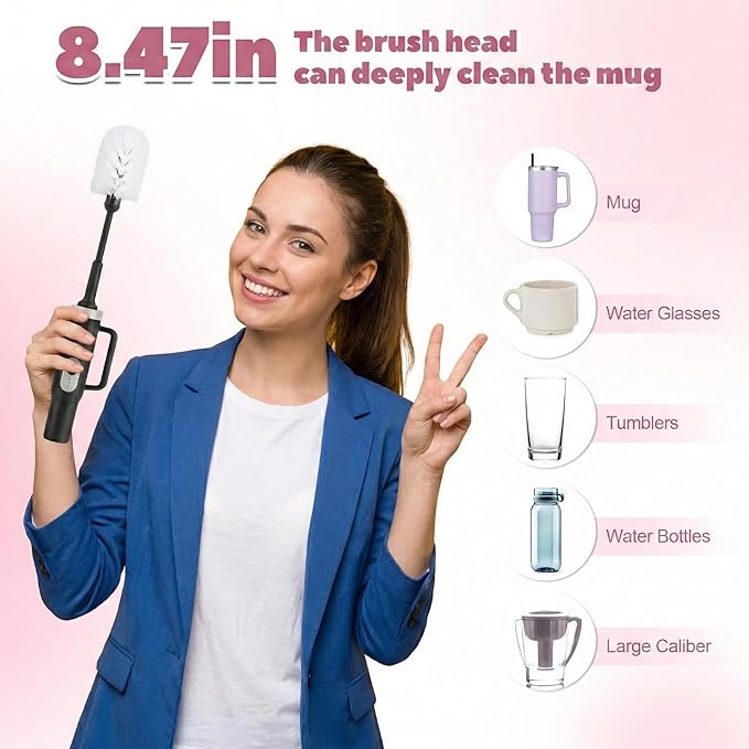 Electric Water Bottle Brush and Straw Cleaner Brush, Long Handle Bottle Cleaner Brush, 2 in 1 Bottle Cleaning Brush for Sports Bottles, Baby Bottles, Mugs, Straws,Stanley Cup