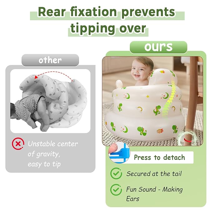 Inflatable Baby Seat for Babies 3-36 Monthsï¼?Squeaky Sound & Anti-Fall Design] Inflatable Chair with Sound-Making Ears, Baby Seat for Sitting-Up Practice, Built-in Air Pump (Ear Dinosaur)