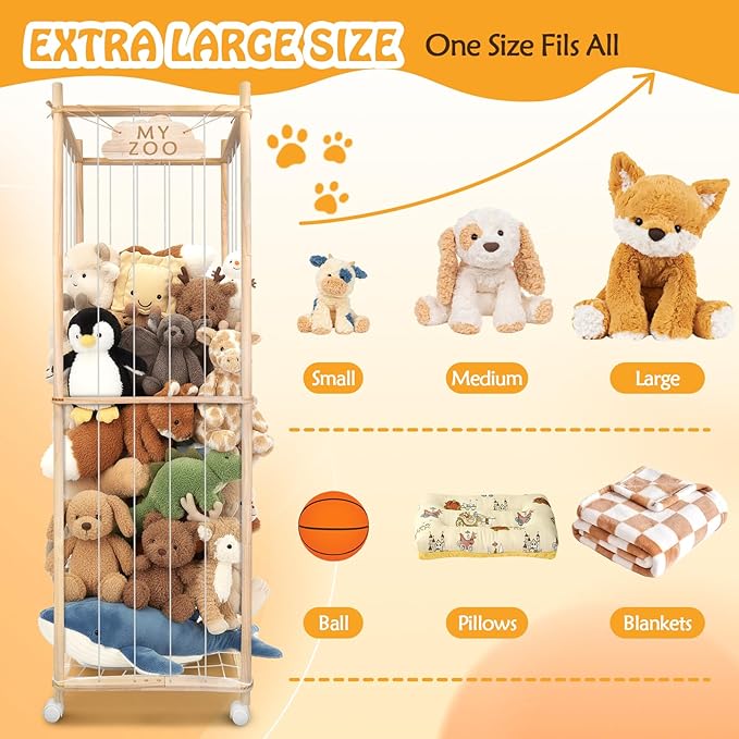 Stuffed Animal Storage Zoo with Wheels, 64" Wooden Large Stuff Animals Plushies Holder Toy Organizer Kids Plush Storage Cage with Elastic Band and Net for Nursery Playroom Corner for Toddler