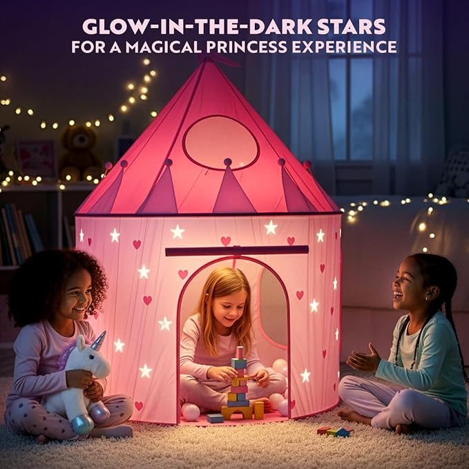 Playz Princess Castle Pop Up Tent & Dress Up Set ??Kids Pink Playhouse Tent for Girls with Glow in The Dark Stars, Foldable Indoor Outdoor Toddler or Baby Girl Tent with Carrying Case