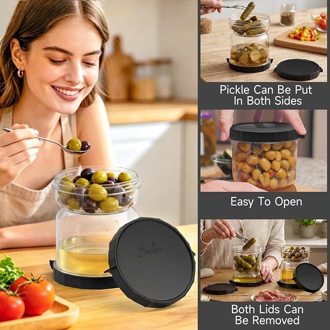 SOPHICO Pickle and Olives Jar Container with Strainer Flip, Leak-proof Juice Separator Hourglass Food Saver Storage Container (Transparent Black)
