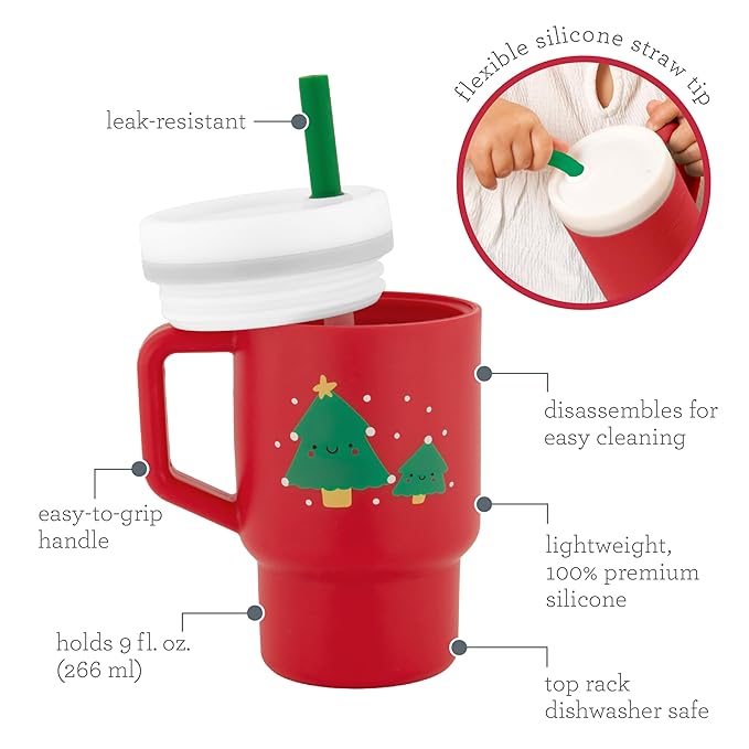 Infantino My 1st Tumbler, 9 Oz. Silicone Sippy Cup with Straw & Handle, Spill-Resistant Baby Cup for On-the-Go, BPA-Free Transition Bottle, Red Christmas Tree