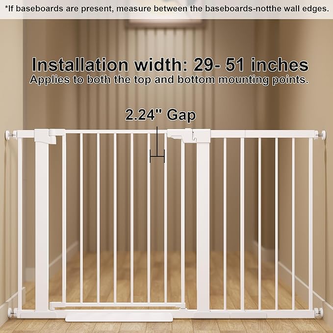 29-51 inches Extra Wide Metal Baby Gate for Stairs/Doorways, 30 inches Tall Pressure Mounted Pet Gates, Auto-Close Child Safety Gate, No Drilling Easy Walk-Through Dog Gate Indoor, White