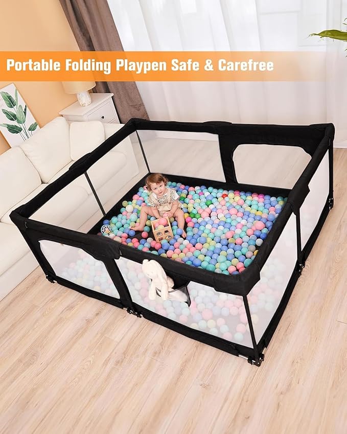 Veraste Foldable Baby Playpen with Gate, Extra Large Collapsible Play Yard for Babies & Toddlers, Portable Travel Playpen, Baby Activity Center for Indoor & Outdoor Use (Black 59"×71")
