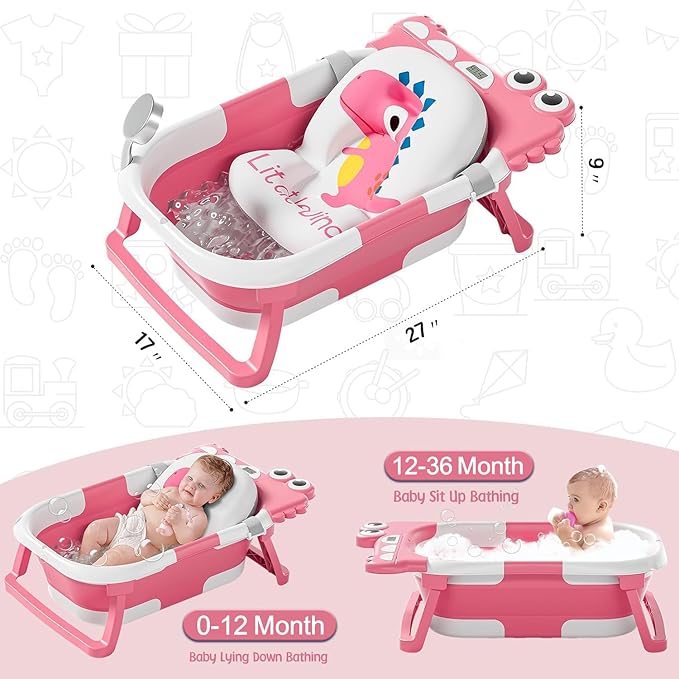 TPN Collapsible Baby Bathtub, Baby Bath Tub with Soft Cushion & Real-Time Thermometer, Baby Bathtub Infant to Toddler Tub (0-36 Months), Portable Newborn Travel Bath tub