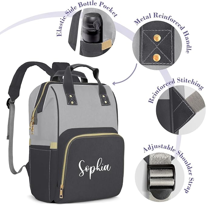 Custom Diaper Bag with Name Personalized Multifunctional Mommy Backpack for Daughter Granddaughter, Black Daypack Bag for Travel