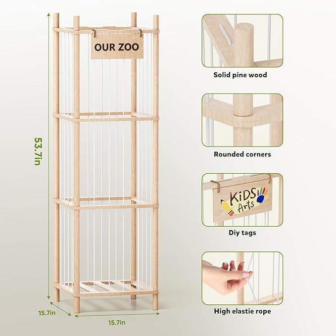 Dayacoco Stuffed Animal Storage, Wood Stuffed Animals Organizer Holder Zoo, Extra Large Capacity Stuff Storage with Elastic Band and Net for Nursery Kids Play Room Bedroom (Pine Wood)