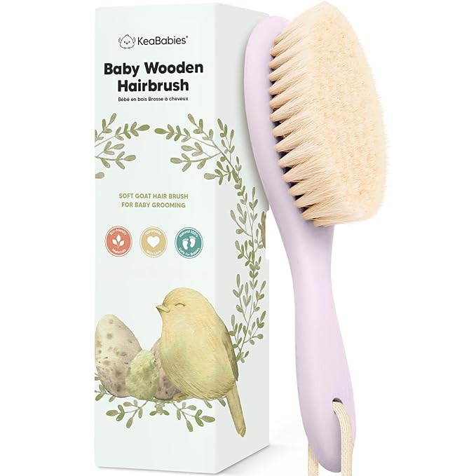 Wooden Baby Hair Brush for Toddler Girls, Boys - Cradle Cap Brush for Babies, Soft Goat Bristles, Perfect Gentle Scalp Newborn Comb for Infant, Girls, Boys, Bath Essentials (Thistle, Regular)