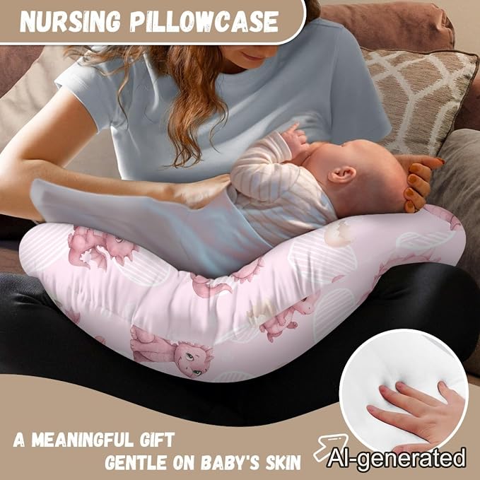 Dinosaur Nursing Pillow Cover for Baby Girls, Pink Breastfeeding Pillow Slipcover Cushion Cover, Soft Breast Feeding Pillows, Easy to Clean