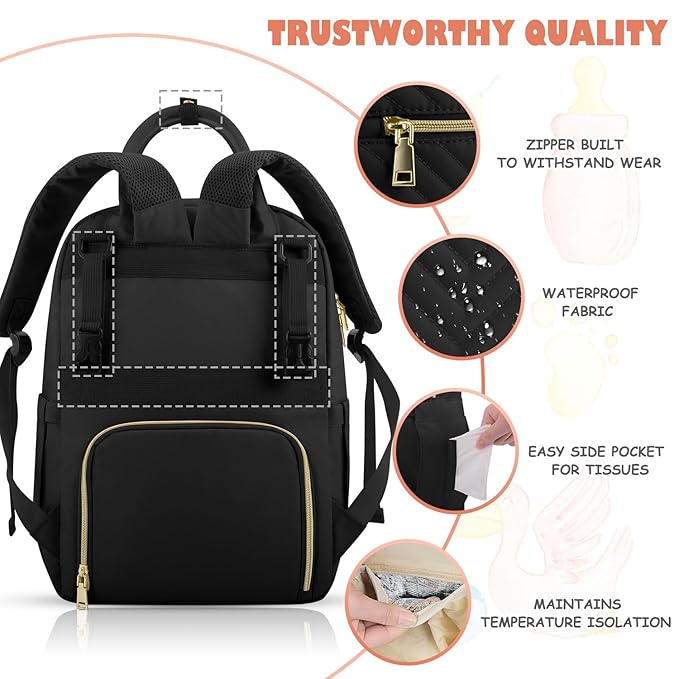 Tenot Baby Diaper Bag Backpack, Travel Diaper Bags for Baby Girl Boy Large Capacity Baby Bag Backpack for Women Black