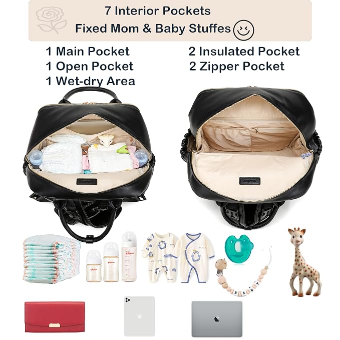 Leather Diaper Bag Backpack for Women with Multiple Pockets,Laptop Compartment and Changing Pad.